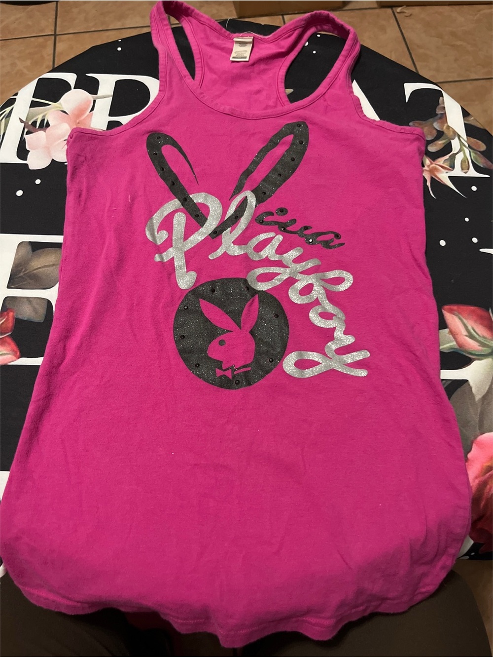 PLAYBOY Hot Pink Tank with Silver Script and Black Bunny
